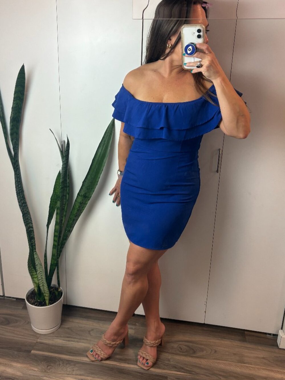 Blue Blush royal blue mini dress with off shoulder sleeves